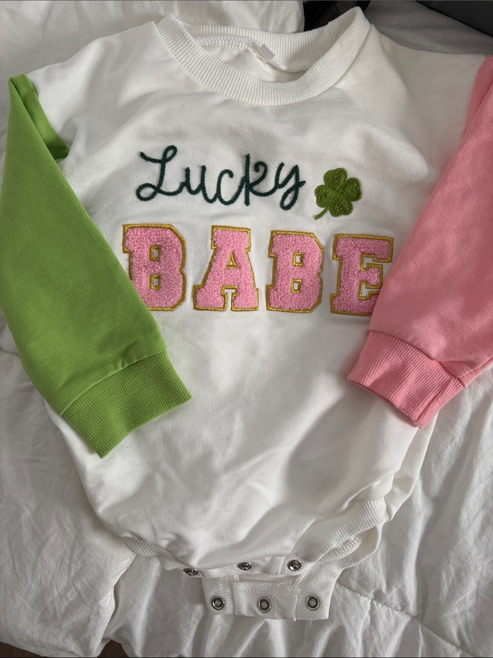 Amazon Kids White 'Lucky Babe' Bodysuit with Green and Pink Sleeves